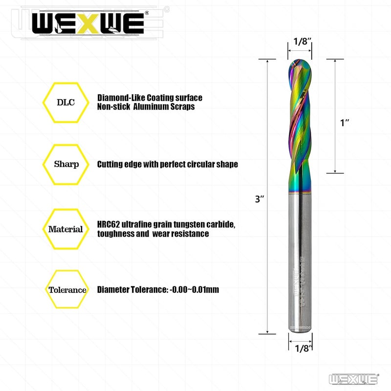 WEXWE Store Tools Extra Long Ball Nose Carbide End Mill, DLC Coating, CNC Cutting Tools for Aluminum and Wood Cutting, 3D Carving & Engraving. 2 Flute Router Bits，1/8 Shank (1/8-3“ 2pcs) - Image 2